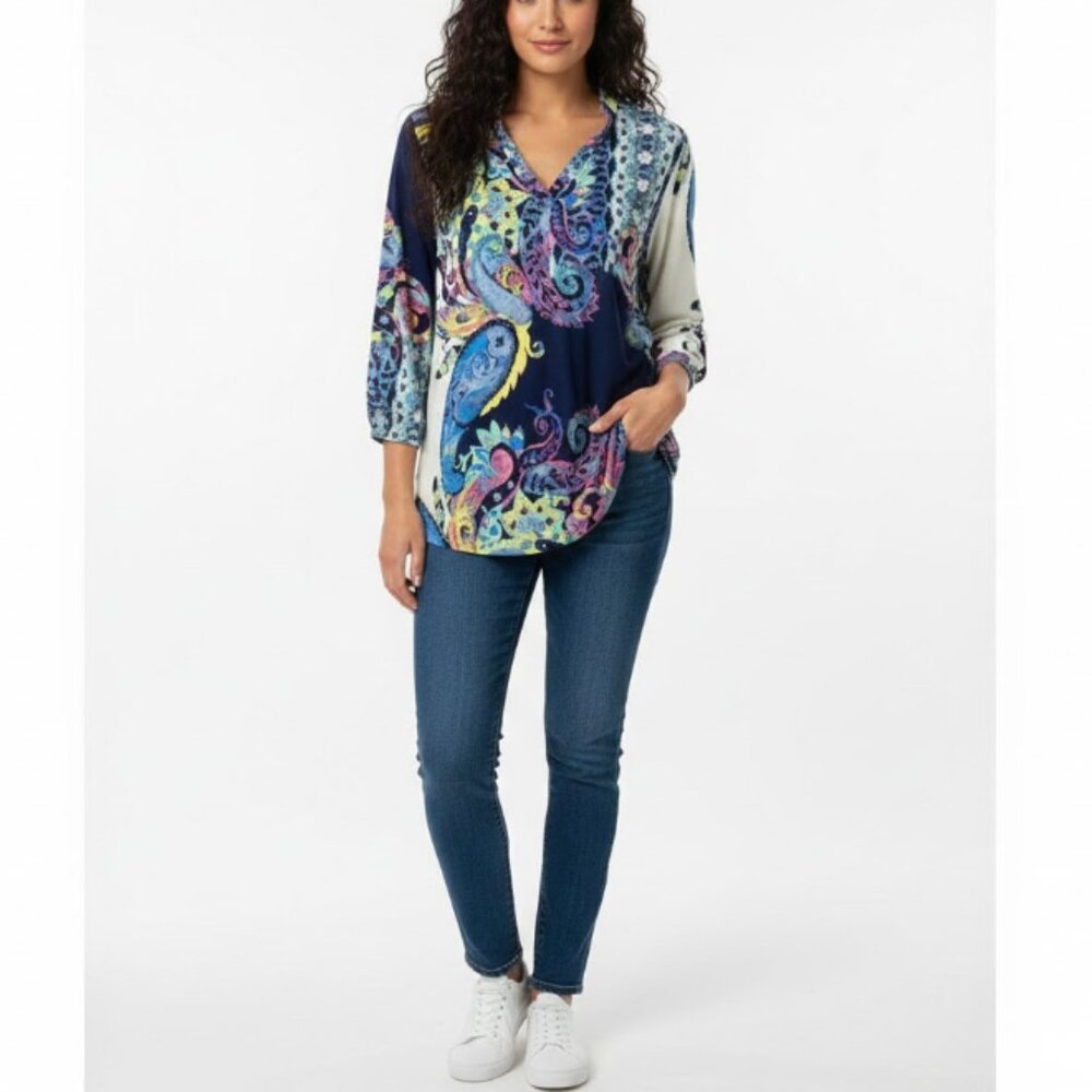 Sew In Love Colorful Artsy Paisley Stretch‎ Pullover Rolled Tab Tunic Medium